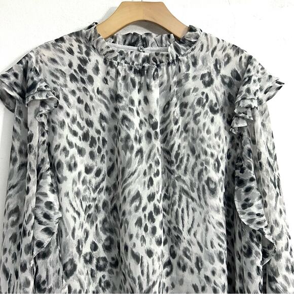 Ann Taylor snow leopard ruffled sleeve mock neck top white black casual size XL - Picture 4 of 16